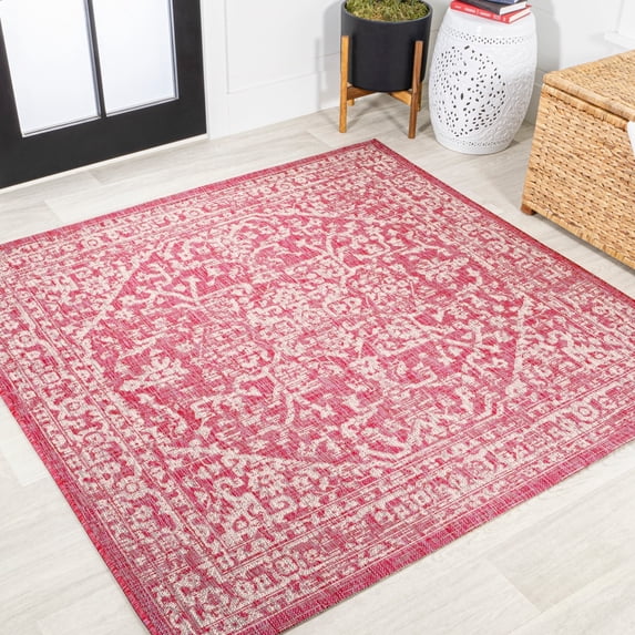 JONATHAN Y SANTA MONICA 5' Square Area Rug, Malta Bohemian Medallion Textured Weave - Fuchsia/Light Gray, SMB104E-5SQ