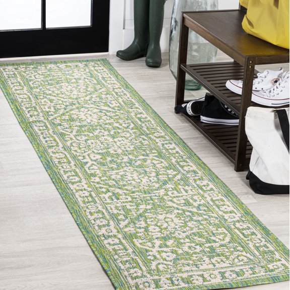 JONATHAN Y SANTA MONICA 2 x 10 Runner Rug, Malta Bohemian Medallion Textured Weave - Cream/Green, SMB104F-210