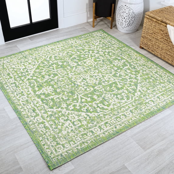 JONATHAN Y SANTA MONICA 5' Square Area Rug, Malta Bohemian Medallion Textured Weave - Cream/Green, SMB104F-5SQ