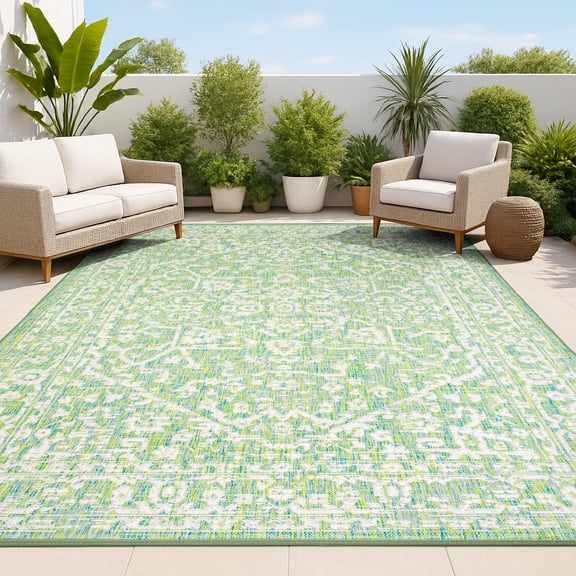 JONATHAN Y SANTA MONICA 9 x 12 Area Rug, Malta Bohemian Medallion Textured Weave - Cream/Green, SMB104F-9