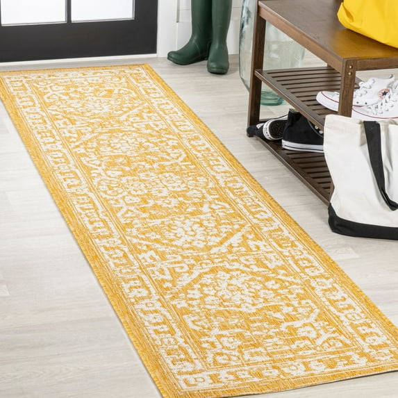 JONATHAN Y SANTA MONICA 2 x 8 Runner Rug, Malta Bohemian Medallion Textured Weave - Yellow/Cream, SMB104G-28
