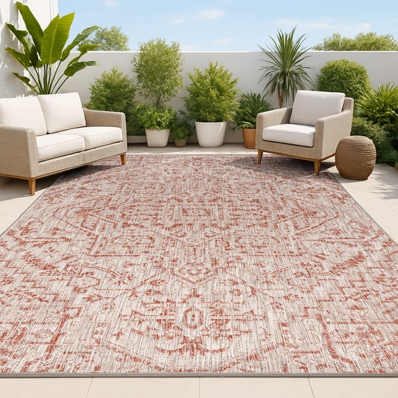 JONATHAN Y SANTA MONICA 3 x 5 Area Rug, Estrella Bohemian Medallion Textured Weave - Red/Taupe, SMB105A-3