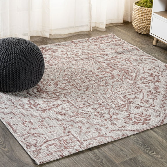 JONATHAN Y SANTA MONICA 3' Square Area Rug, Estrella Bohemian Medallion Textured Weave - Red/Taupe, SMB105A-3SQ