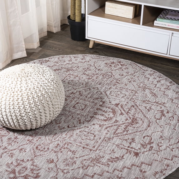 JONATHAN Y SANTA MONICA 5' Round Area Rug, Estrella Bohemian Medallion Textured Weave - Red/Taupe, SMB105A-5R