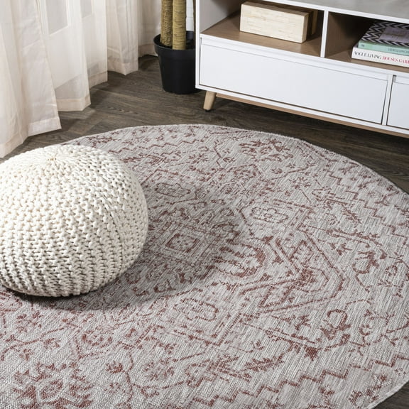 JONATHAN Y SANTA MONICA 8' Round Area Rug, Estrella Bohemian Medallion Textured Weave - Red/Taupe, SMB105A-8R