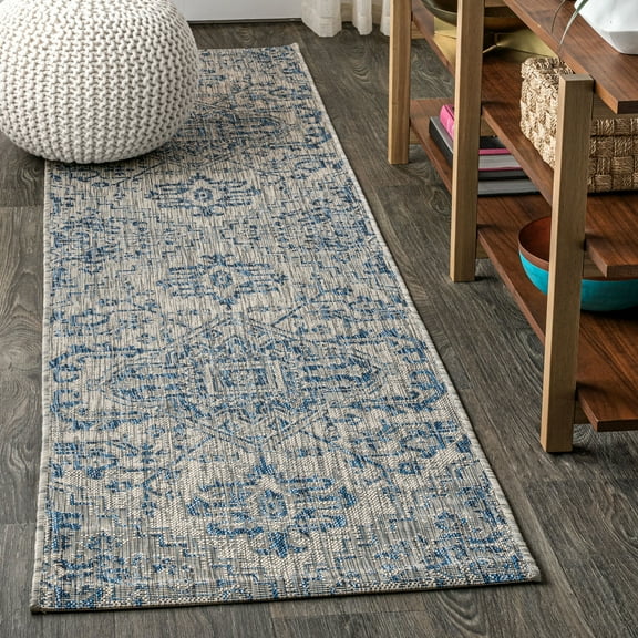 JONATHAN Y SANTA MONICA 2 x 8 Runner Rug, Estrella Bohemian Medallion Textured Weave - Navy/Gray, SMB105B-28