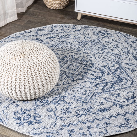 JONATHAN Y SANTA MONICA 3' Round Area Rug, Estrella Bohemian Medallion Textured Weave - Navy/Gray, SMB105B-3R