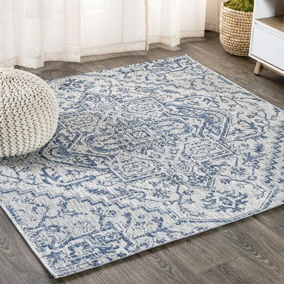 JONATHAN Y SANTA MONICA 4' Square Area Rug, Estrella Bohemian Medallion Textured Weave - Navy/Gray, SMB105B-4SQ