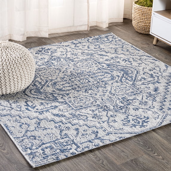JONATHAN Y SANTA MONICA 5' Square Area Rug, Estrella Bohemian Medallion Textured Weave - Navy/Gray, SMB105B-5SQ