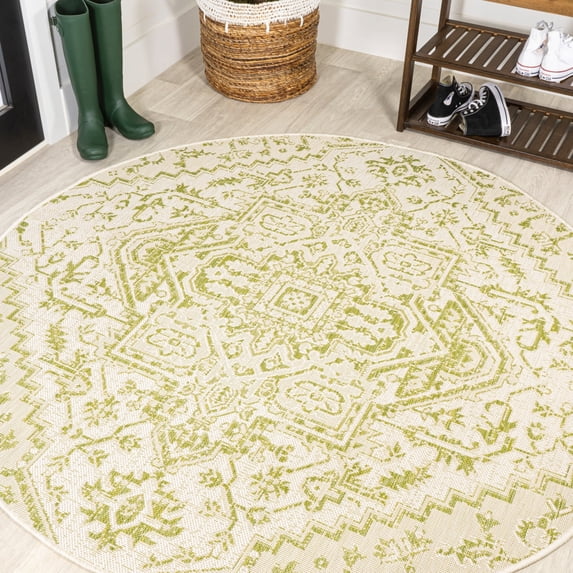 JONATHAN Y SANTA MONICA 5' Round Area Rug, Estrella Bohemian Medallion Textured Weave - Cream/Green, SMB105E-5R