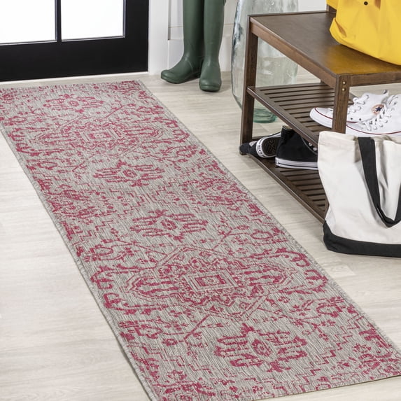 JONATHAN Y SANTA MONICA 2 x 10 Runner Rug, Estrella Bohemian Medallion Textured Weave - Light Gray/Fuchsia, SMB105F-210