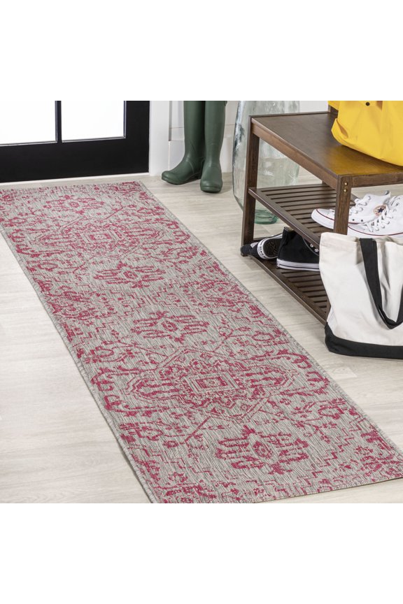 SANTA MONICA 2 x 8 Runner Rug, Estrella Bohemian Medallion Textured Weave - Light Gray/Fuchsia, SMB105F-28