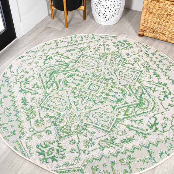 JONATHAN Y SANTA MONICA 5' Round Area Rug, Estrella Bohemian Medallion Textured Weave - Green/Cream, SMB105G-5R