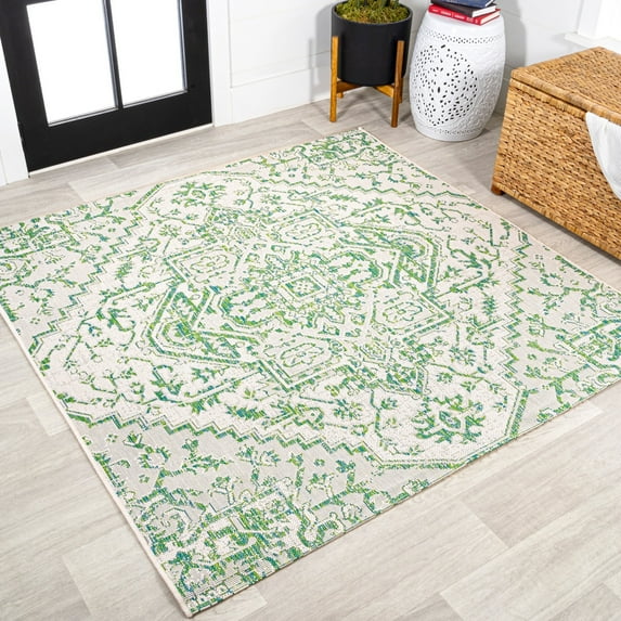 JONATHAN Y SANTA MONICA 5' Square Area Rug, Estrella Bohemian Medallion Textured Weave - Green/Cream, SMB105G-5SQ