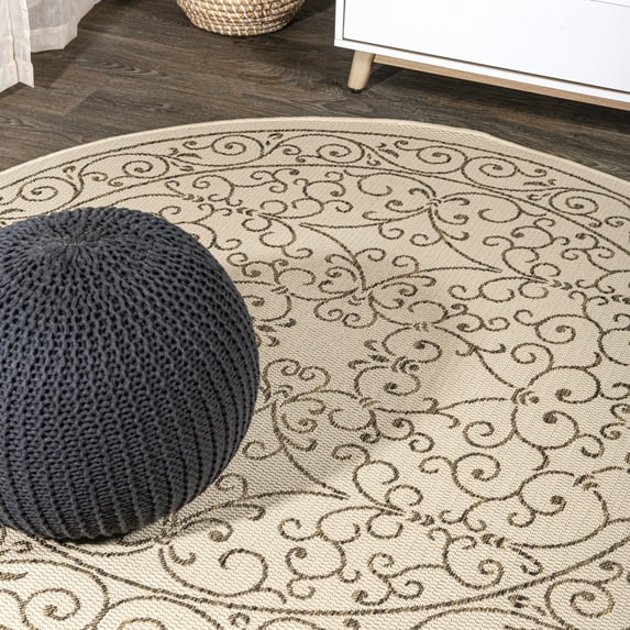 JONATHAN Y SANTA MONICA 8' Round Area Rug, Charleston Vintage Filigree Textured Weave - Beige/Brown, SMB106A-8R