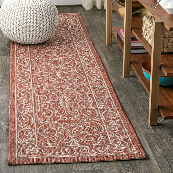 JONATHAN Y SANTA MONICA 2 x 8 Runner Rug, Charleston Vintage Filigree Textured Weave - Red/Beige, SMB106B-28