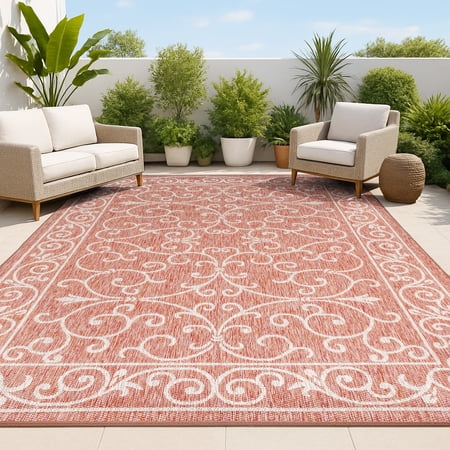 JONATHAN Y SANTA MONICA 5 x 8 Area Rug, Charleston Vintage Filigree Textured Weave - Red/Beige, SMB106B-5