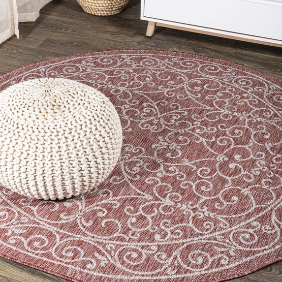 JONATHAN Y SANTA MONICA 5' Round Area Rug, Charleston Vintage Filigree Textured Weave - Red/Beige, SMB106B-5R