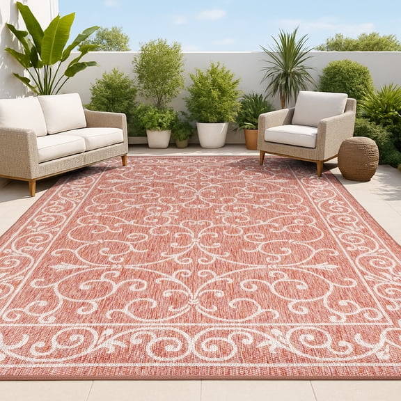 JONATHAN Y SANTA MONICA 9 x 12 Area Rug, Charleston Vintage Filigree Textured Weave - Red/Beige, SMB106B-9