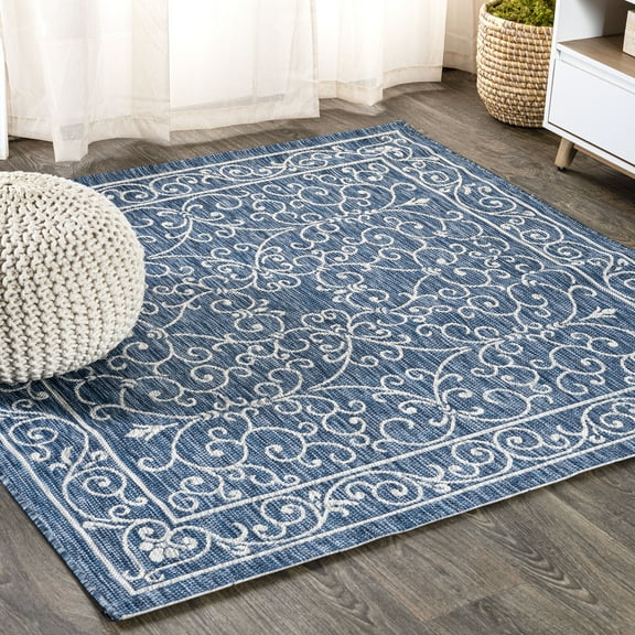 JONATHAN Y SANTA MONICA 8' Square Area Rug, Charleston Vintage Filigree Textured Weave - Navy/Gray, SMB106D-8SQ