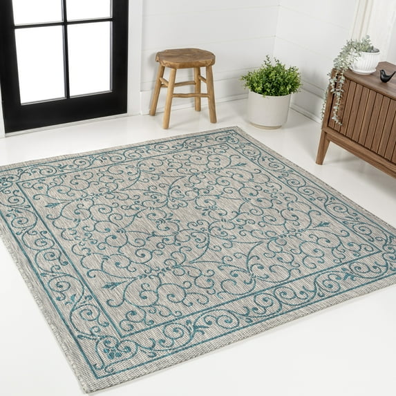 JONATHAN Y SANTA MONICA 9' Square Area Rug, Charleston Vintage Filigree Textured Weave - Gray/Teal, SMB106E-9SQ