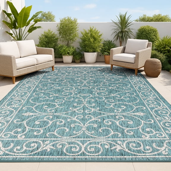 JONATHAN Y SANTA MONICA 5 x 8 Area Rug, Charleston Vintage Filigree Textured Weave - Teal/Gray, SMB106F-5