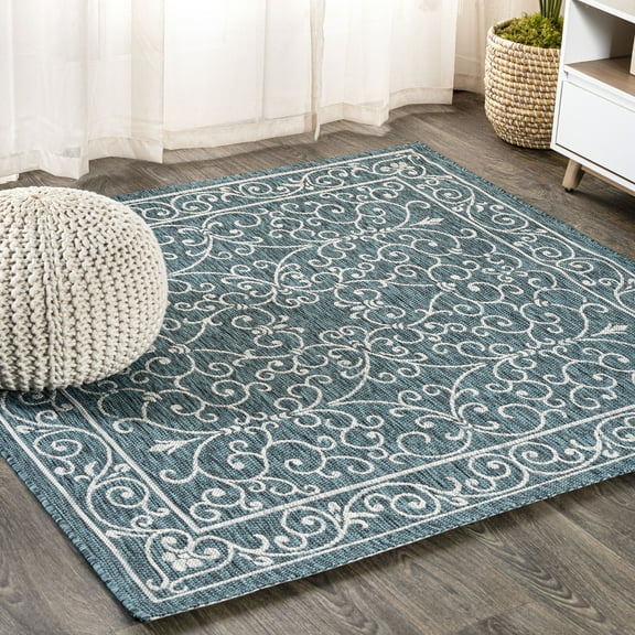 JONATHAN Y SANTA MONICA 6' Square Area Rug, Charleston Vintage Filigree Textured Weave - Teal/Gray, SMB106F-6SQ