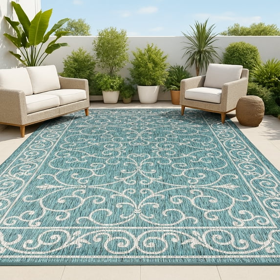 JONATHAN Y SANTA MONICA 8 x 10 Area Rug, Charleston Vintage Filigree Textured Weave - Teal/Gray, SMB106F-8