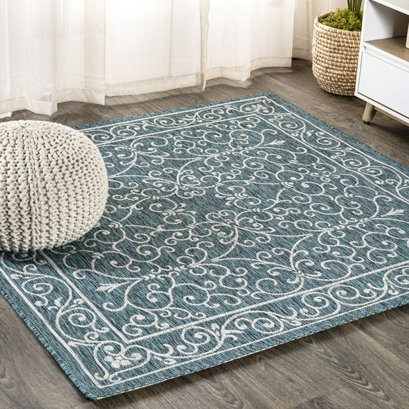 JONATHAN Y SANTA MONICA 8' Square Area Rug, Charleston Vintage Filigree Textured Weave - Teal/Gray, SMB106F-8SQ