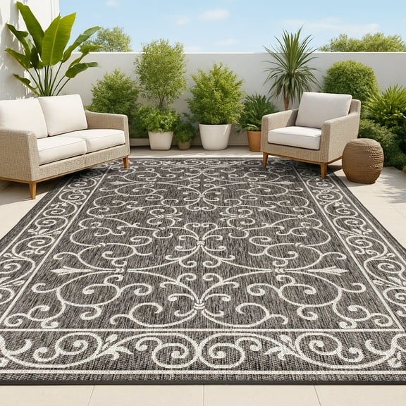 JONATHAN Y SANTA MONICA 9 x 12 Area Rug, Charleston Vintage Filigree Textured Weave - Black/Gray, SMB106G-9
