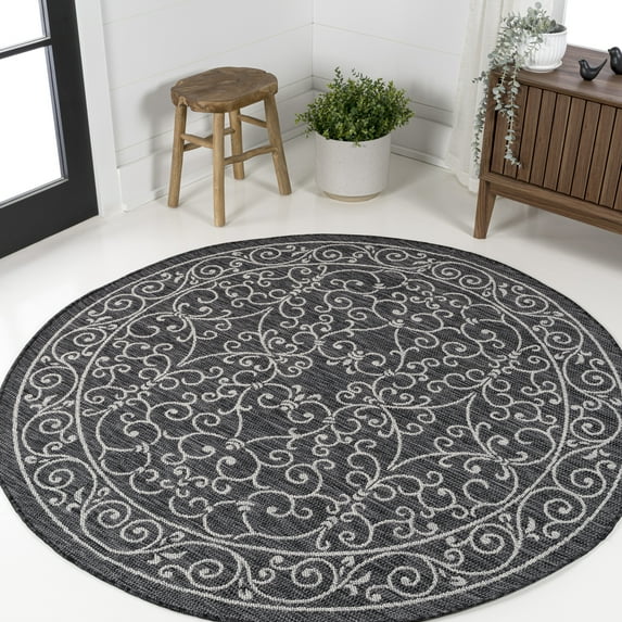 JONATHAN Y SANTA MONICA 9' Round Area Rug, Charleston Vintage Filigree Textured Weave - Black/Gray, SMB106G-9R
