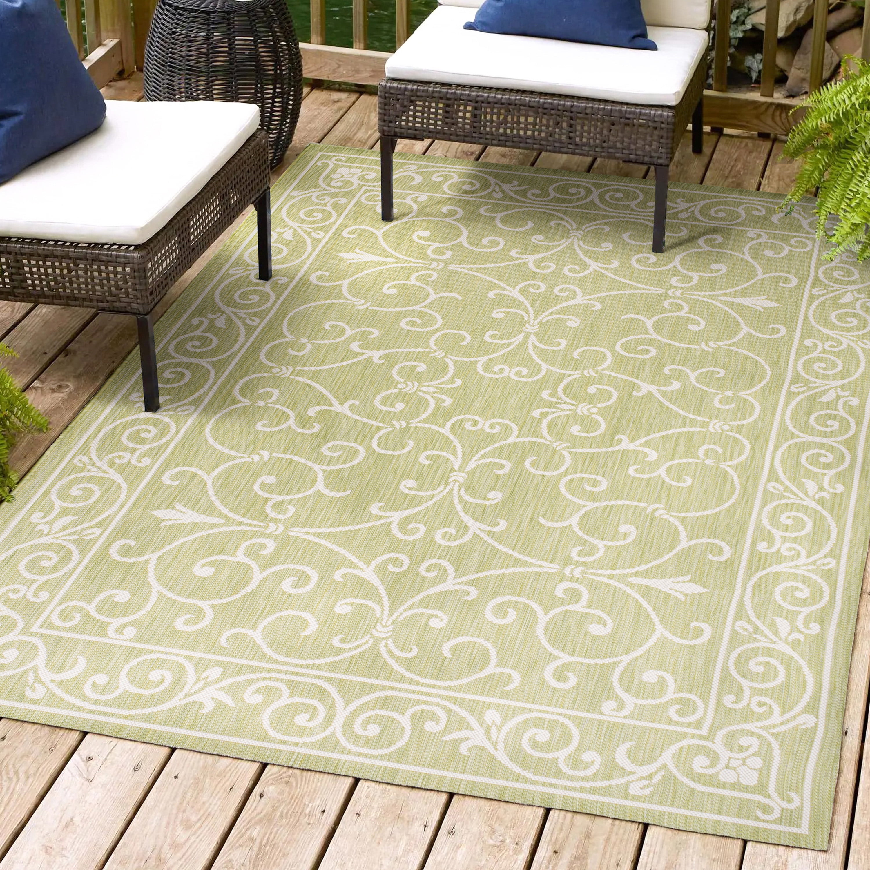 Boho-Chic Green and Cream Vintage Filigree 9' x 12' Indoor/Outdoor Rug
