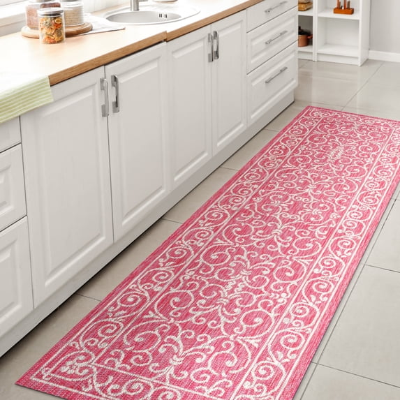 JONATHAN Y SANTA MONICA 2 x 8 Runner Rug, Charleston Vintage Filigree Textured Weave - Fuchsia/Light Gray, SMB106J-28