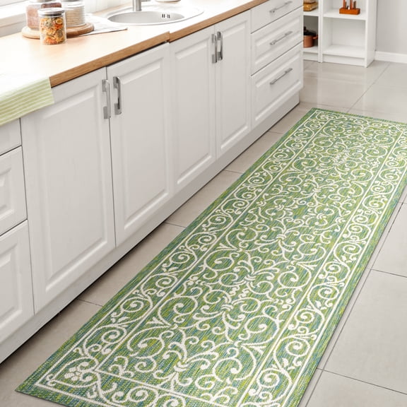JONATHAN Y SANTA MONICA 2 x 10 Runner Rug, Charleston Vintage Filigree Textured Weave - Green/Ivory, SMB106K-210