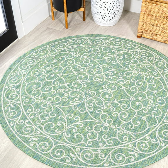 JONATHAN Y SANTA MONICA 5' Round Area Rug, Charleston Vintage Filigree Textured Weave - Green/Ivory, SMB106K-5R