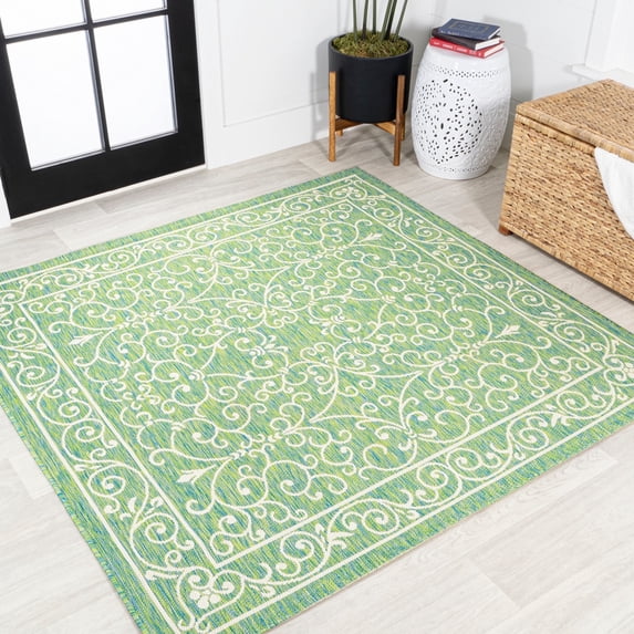 JONATHAN Y SANTA MONICA 5' Square Area Rug, Charleston Vintage Filigree Textured Weave - Green/Ivory, SMB106K-5SQ