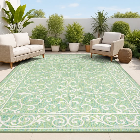 JONATHAN Y SANTA MONICA 9 x 12 Area Rug, Charleston Vintage Filigree Textured Weave - Green/Ivory, SMB106K-9