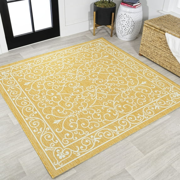JONATHAN Y SANTA MONICA 5' Square Area Rug, Charleston Vintage Filigree Textured Weave - Yellow/Cream, SMB106L-5SQ