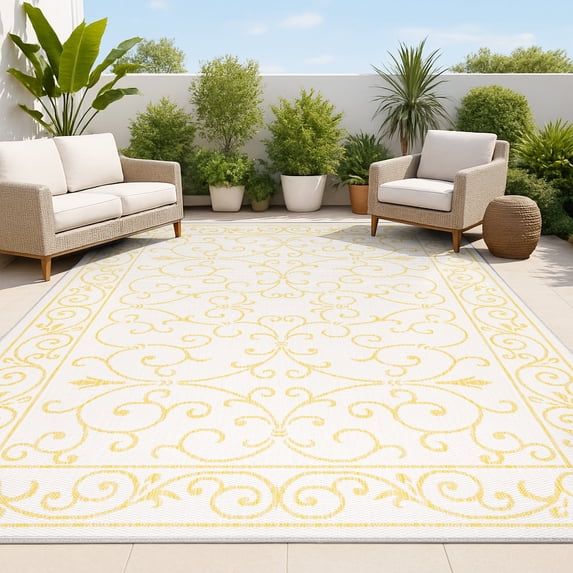 JONATHAN Y SANTA MONICA 5 x 8 Area Rug, Charleston Vintage Filigree Textured Weave - Cream/Yellow, SMB106M-5