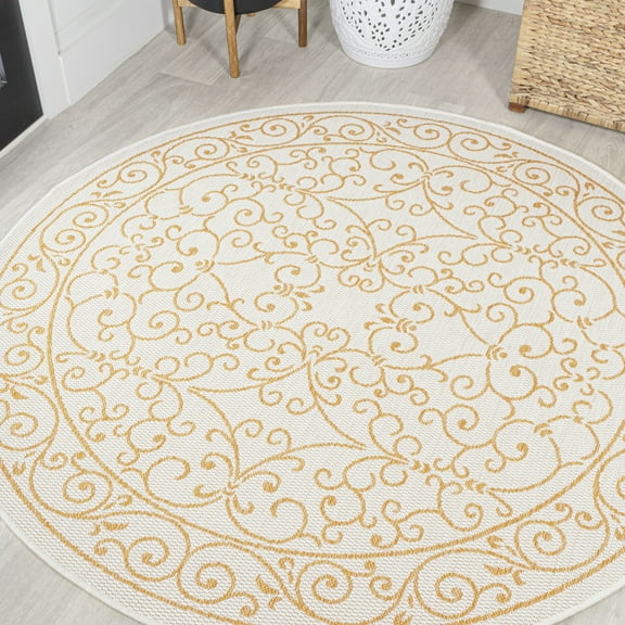 JONATHAN Y SANTA MONICA 5' Round Area Rug, Charleston Vintage Filigree Textured Weave - Cream/Yellow, SMB106M-5R
