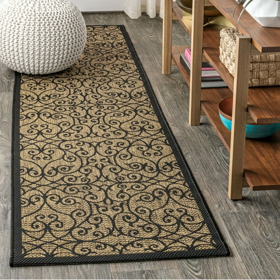 JONATHAN Y SANTA MONICA 2 x 10 Runner Rug, Madrid Vintage Filigree Textured Weave - Black/Khaki, SMB107A-210
