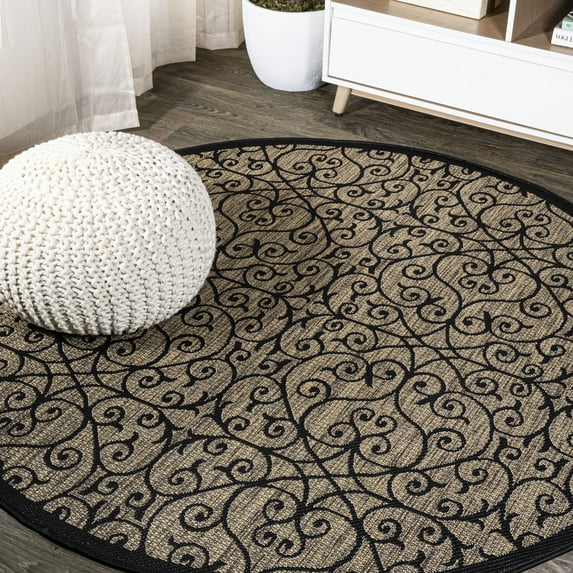 JONATHAN Y SANTA MONICA 3' Round Area Rug, Madrid Vintage Filigree Textured Weave - Black/Khaki, SMB107A-3R