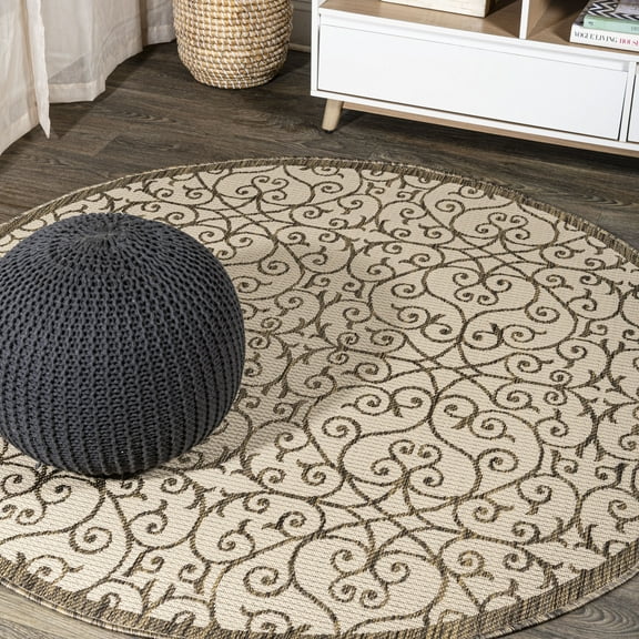 JONATHAN Y SANTA MONICA 5' Round Area Rug, Madrid Vintage Filigree Textured Weave - Beige/Brown, SMB107B-5R