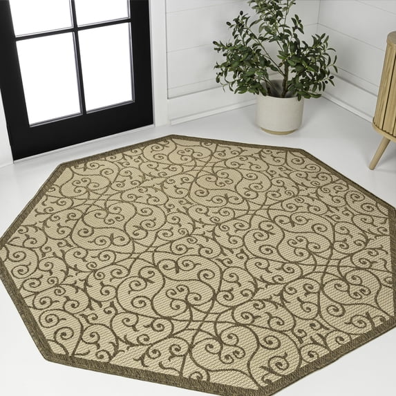 JONATHAN Y SANTA MONICA 5' Octagon Area Rug, Madrid Vintage Filigree Textured Weave - Beige/Brown, SMB107B-5TGN