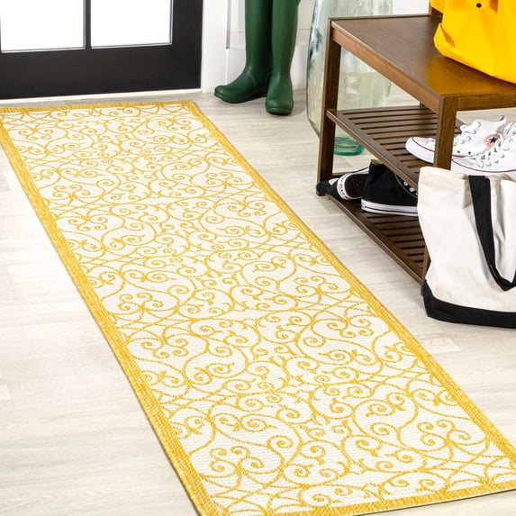 JONATHAN Y SANTA MONICA 2 x 8 Runner Rug, Madrid Vintage Filigree Textured Weave - Cream/Yellow, SMB107D-28