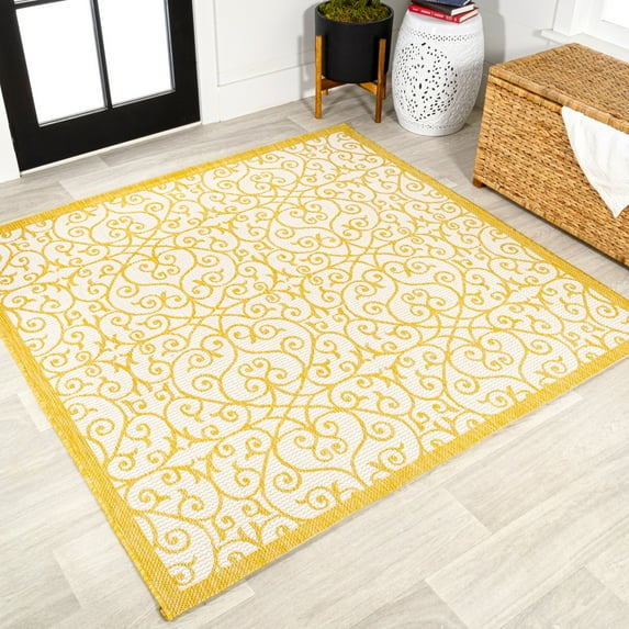 JONATHAN Y SANTA MONICA 5' Square Area Rug, Madrid Vintage Filigree Textured Weave - Cream/Yellow, SMB107D-5SQ