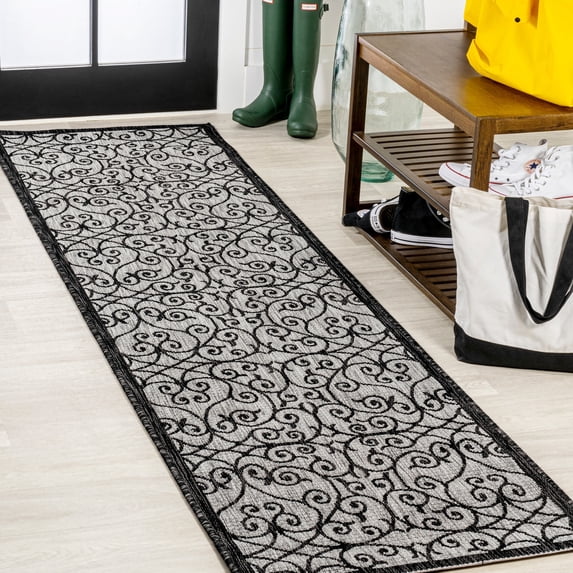 JONATHAN Y SANTA MONICA 2 x 10 Runner Rug, Madrid Vintage Filigree Textured Weave - Light Gray/Black, SMB107E-210