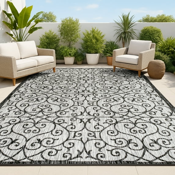 JONATHAN Y SANTA MONICA 4 x 6 Area Rug, Madrid Vintage Filigree Textured Weave - Light Gray/Black, SMB107E-4