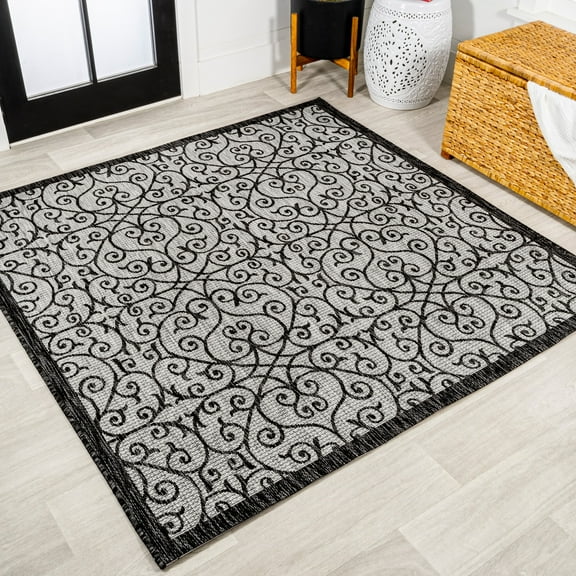 JONATHAN Y SANTA MONICA 9' Square Area Rug, Madrid Vintage Filigree Textured Weave - Light Gray/Black, SMB107E-9SQ