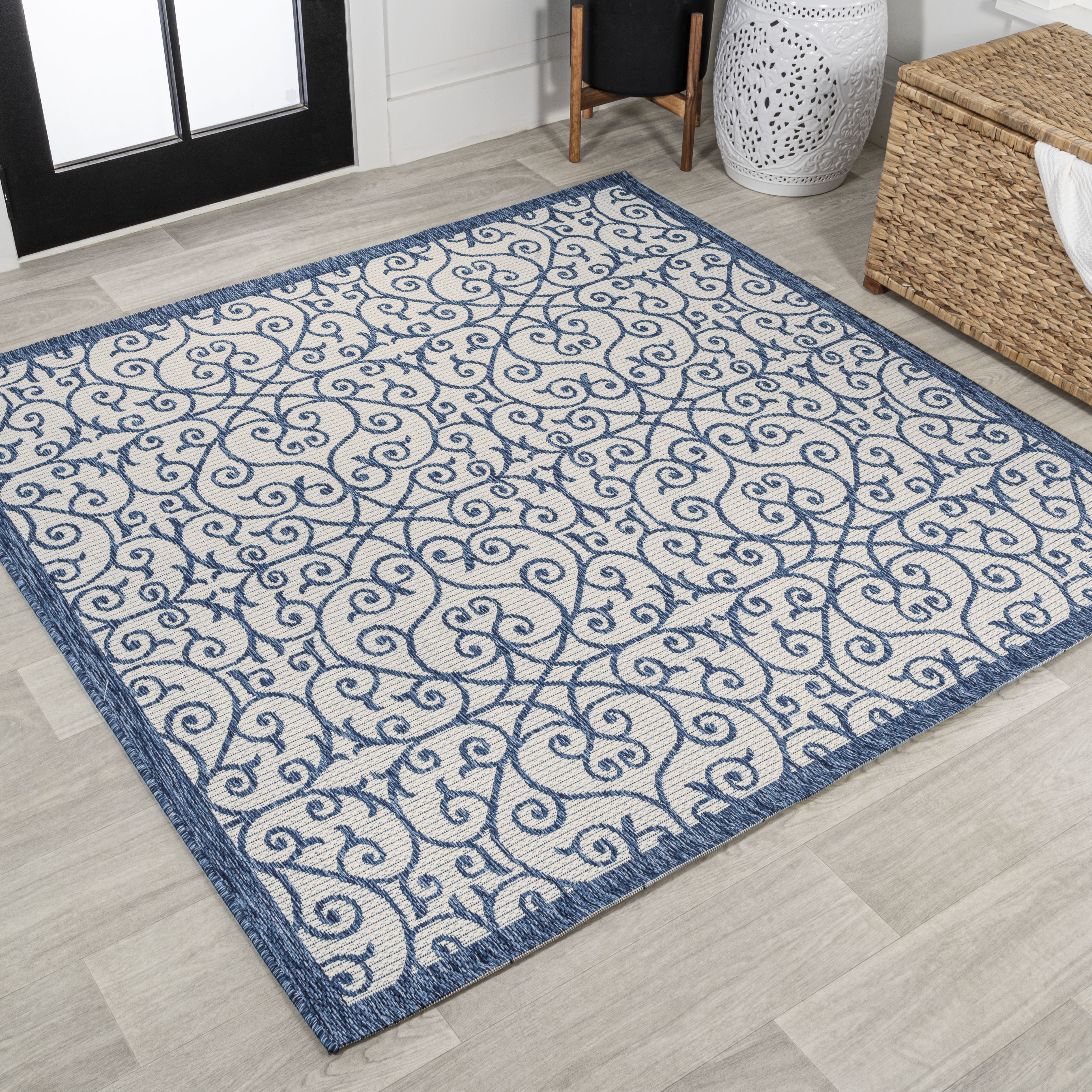 Madrid Blue and Cream Filigree Square Indoor/Outdoor Rug